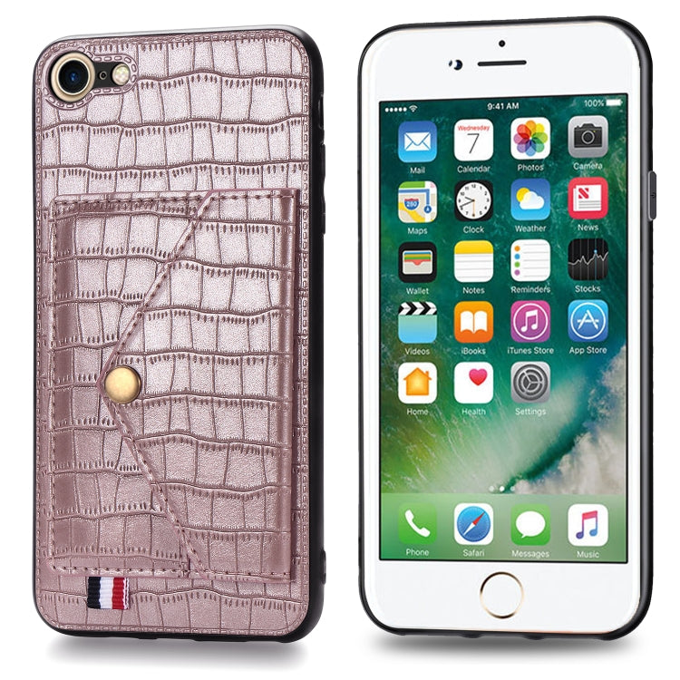 For iPhone SE 2022 / SE 2020 Crocodile Pattern PU+TPU+PVC Shatter-resistant Mobile Phone Case with Magnetic Invisible Holder & Holder & Card Slots