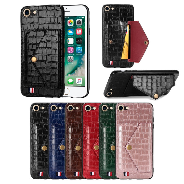 For iPhone SE 2022 / SE 2020 Crocodile Pattern PU+TPU+PVC Shatter-resistant Mobile Phone Case with Magnetic Invisible Holder & Holder & Card Slots