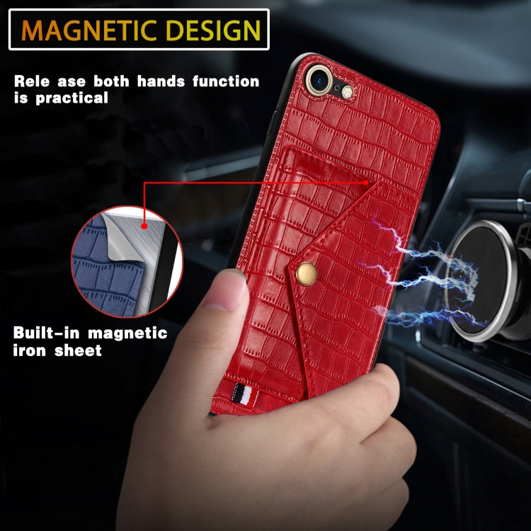 For iPhone SE 2022 / SE 2020 Crocodile Pattern PU+TPU+PVC Shatter-resistant Mobile Phone Case with Magnetic Invisible Holder & Holder & Card Slots