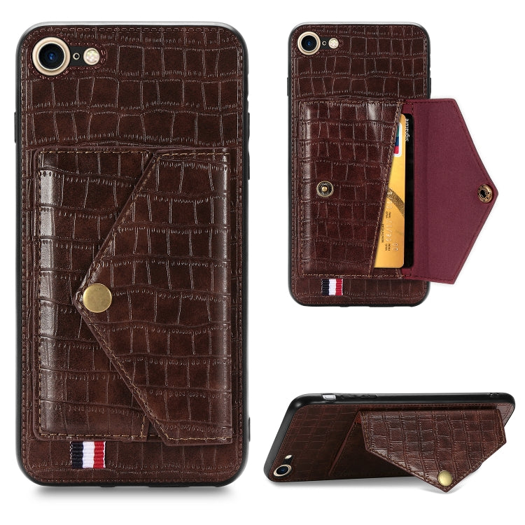 For iPhone SE 2022 / SE 2020 Crocodile Pattern PU+TPU+PVC Shatter-resistant Mobile Phone Case with Magnetic Invisible Holder & Holder & Card Slots
