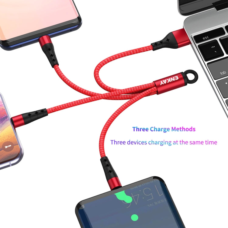 ENKAY ENK-CB400 3 in 1 2.4A USB to 8 Pin + Micro USB + USB-C / Type-C Mini Portable Cloth Texture Round Cable Charging Cable, Length: 14cm