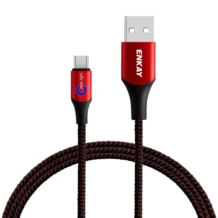 ENKAY ENK-CB104 2.4A USB to USB-C / Type-C Nylon Weaving Data Transfer Charging Cable with Intelligent Light, Length: 1m