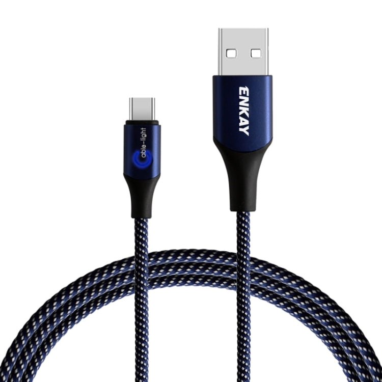 ENKAY ENK-CB104 2.4A USB to USB-C / Type-C Nylon Weaving Data Transfer Charging Cable with Intelligent Light, Length: 1m
