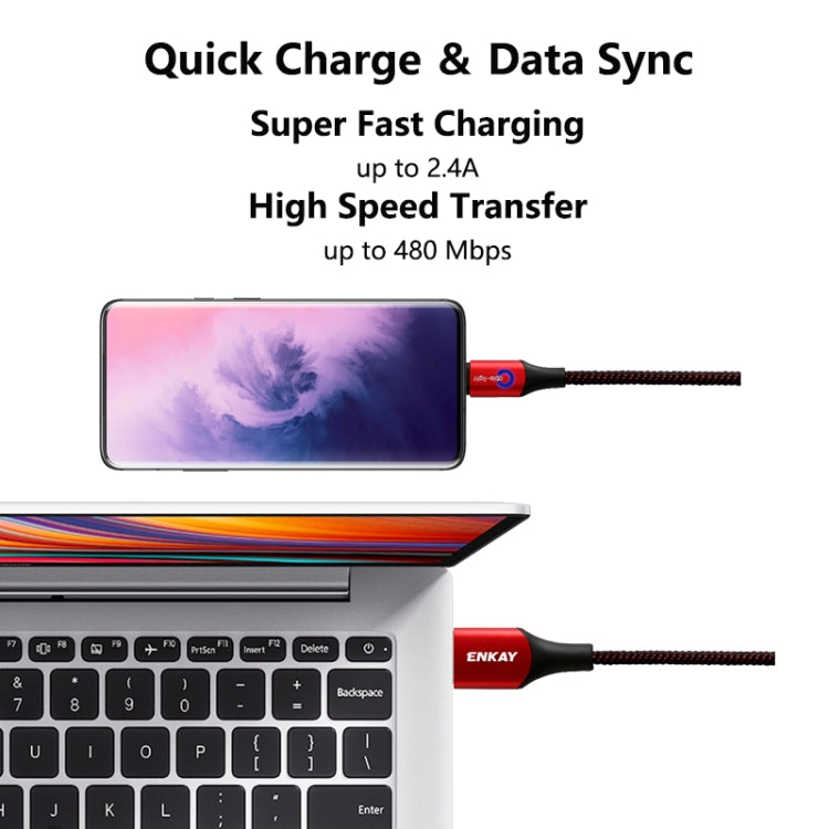 ENKAY ENK-CB104 2.4A USB to USB-C / Type-C Nylon Weaving Data Transfer Charging Cable with Intelligent Light, Length: 1m
