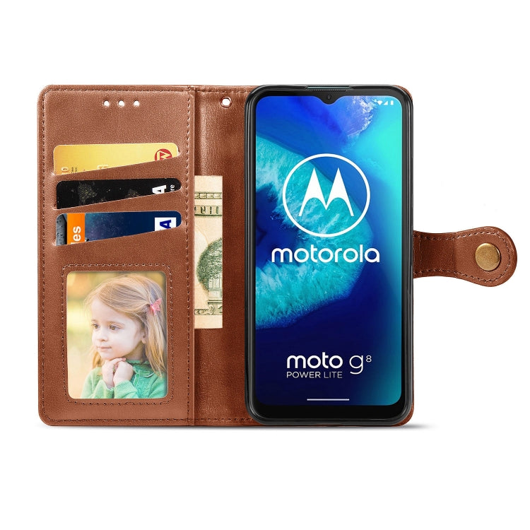 For Moto G8 Power Lite Retro Solid Color Leather Buckle Phone Case with Lanyard & Photo Frame & Card Slot & Wallet & Stand Function
