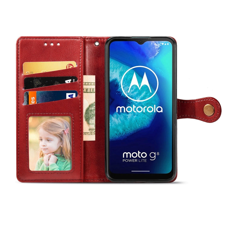 For Moto G8 Power Lite Retro Solid Color Leather Buckle Phone Case with Lanyard & Photo Frame & Card Slot & Wallet & Stand Function