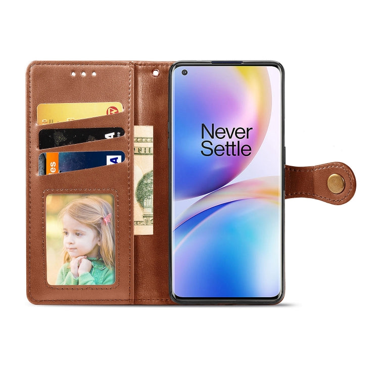 For OnePlus 8 Pro Retro Solid Color Leather Buckle Phone Case with Lanyard & Photo Frame & Card Slot & Wallet & Stand Function