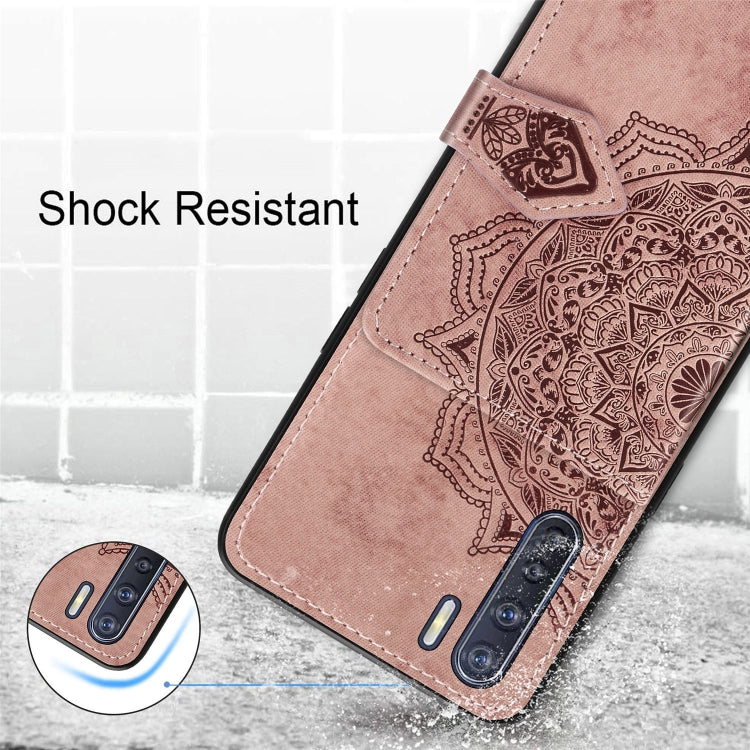 For OPPO A91/F15/Reno 3 Mandala Embossed Magnetic Cloth PU + TPU + PC Case with Holder & Card Slots & Wallet & Photo Frame & Strap