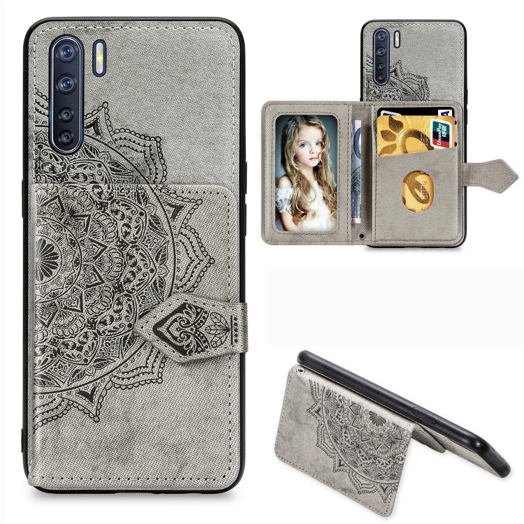 For OPPO A91/F15/Reno 3 Mandala Embossed Magnetic Cloth PU + TPU + PC Case with Holder & Card Slots & Wallet & Photo Frame & Strap