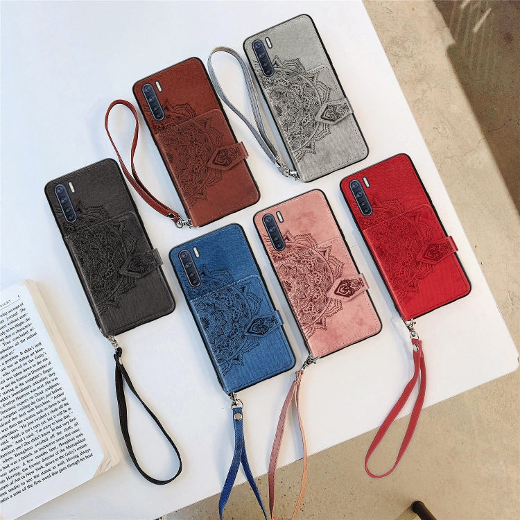 For OPPO A91/F15/Reno 3 Mandala Embossed Magnetic Cloth PU + TPU + PC Case with Holder & Card Slots & Wallet & Photo Frame & Strap