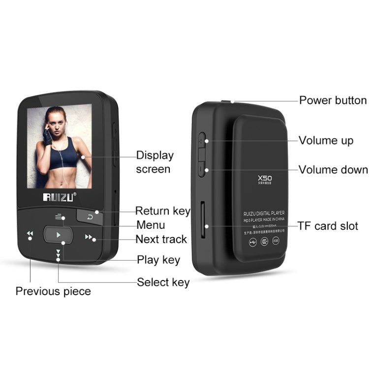 Original RUIZU X50 Sport Bluetooth MP3 Player 8GB Clip Mini with Screen Support FM,Recording,E-Book,Clock,Pedometer(Black)