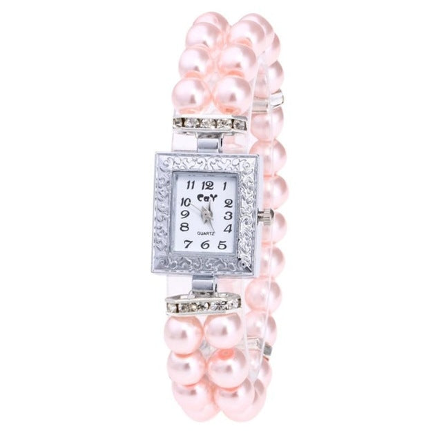 Square Dial Diamond Pearl Bracelet Watch