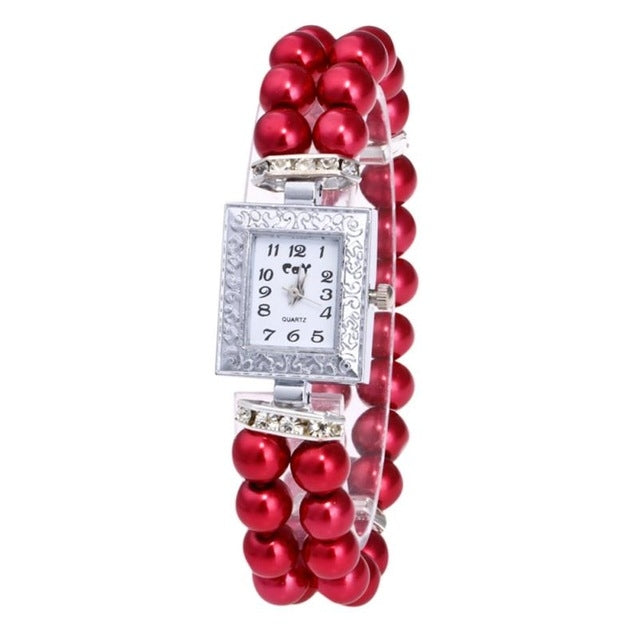 Square Dial Diamond Pearl Bracelet Watch