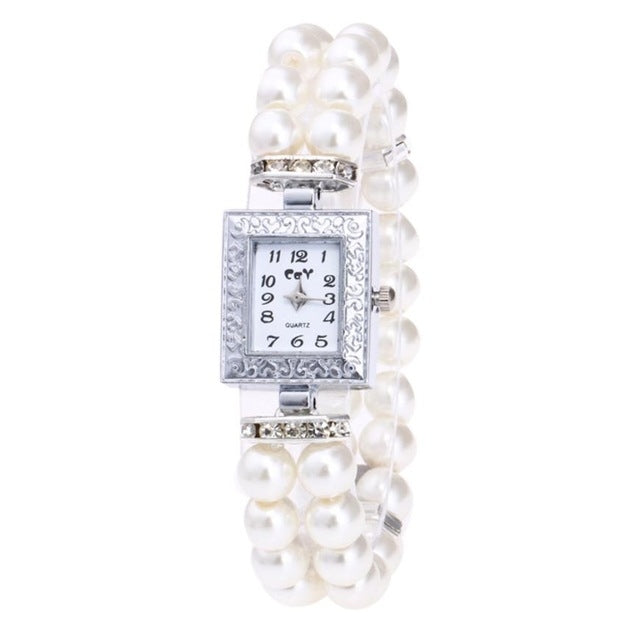 Square Dial Diamond Pearl Bracelet Watch