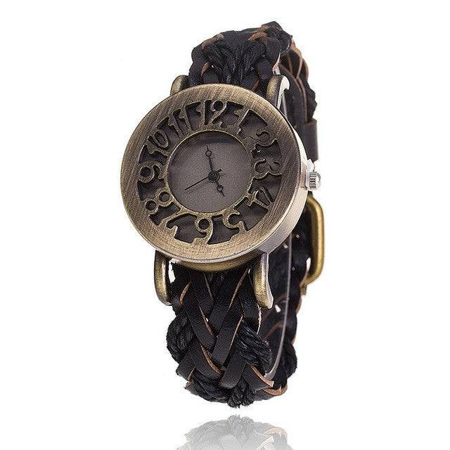 Retro Hollow Head Cowhide Woven Bracelet Watch for Women