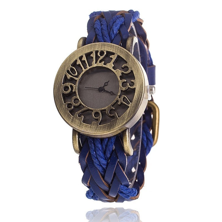 Retro Hollow Head Cowhide Woven Bracelet Watch for Women