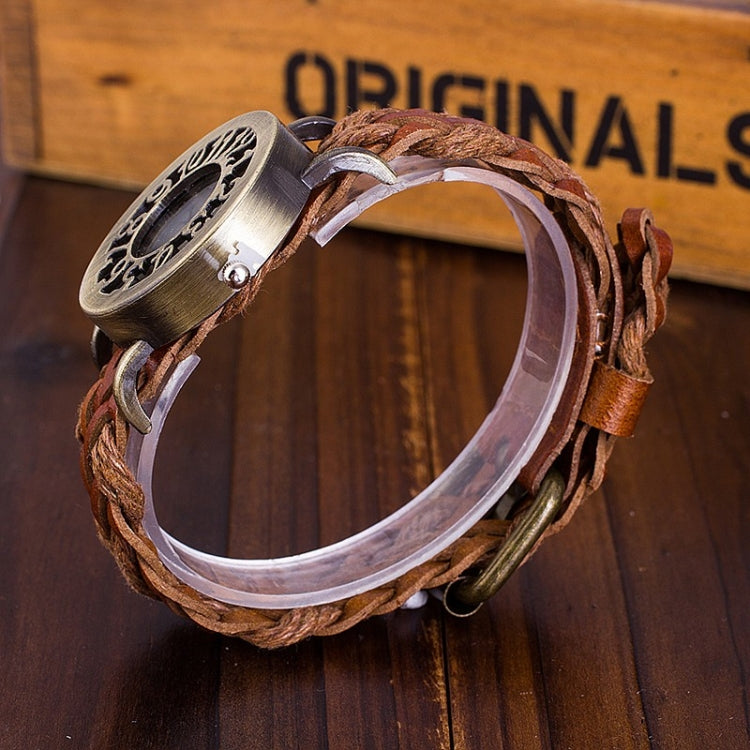 Retro Hollow Head Cowhide Woven Bracelet Watch for Women