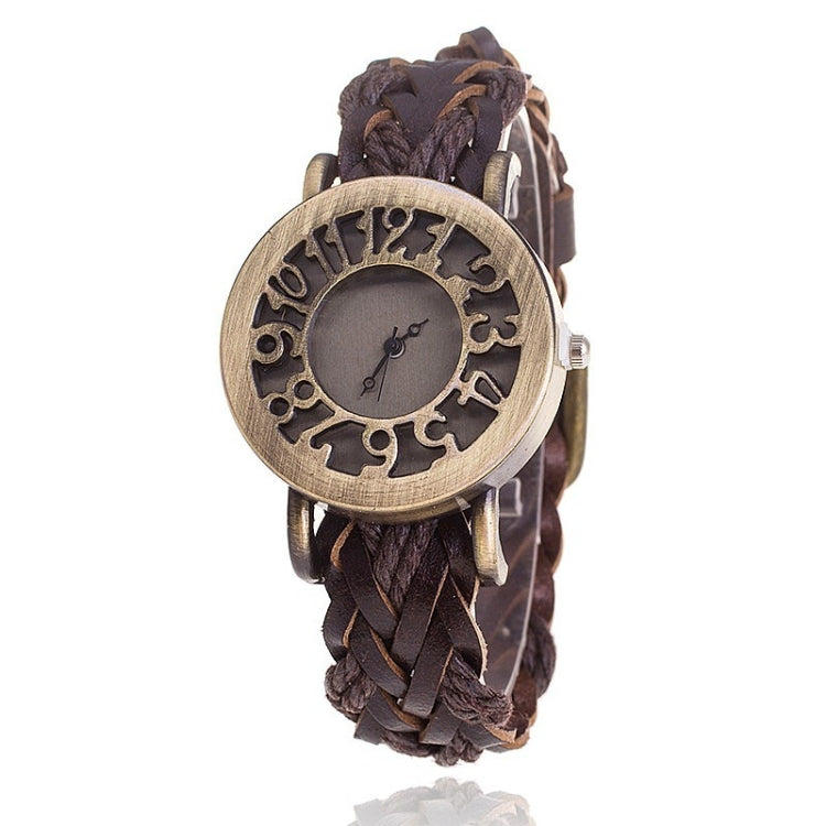 Retro Hollow Head Cowhide Woven Bracelet Watch for Women