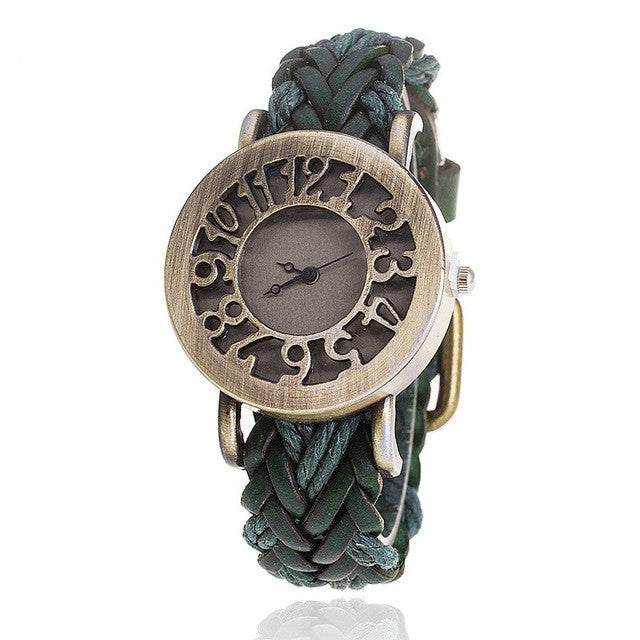 Retro Hollow Head Cowhide Woven Bracelet Watch for Women