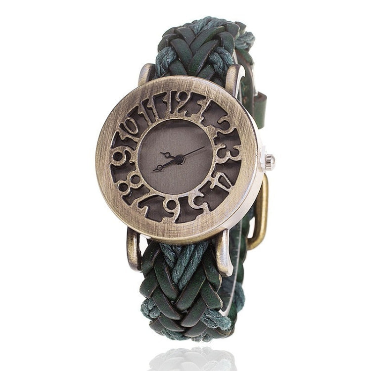 Retro Hollow Head Cowhide Woven Bracelet Watch for Women