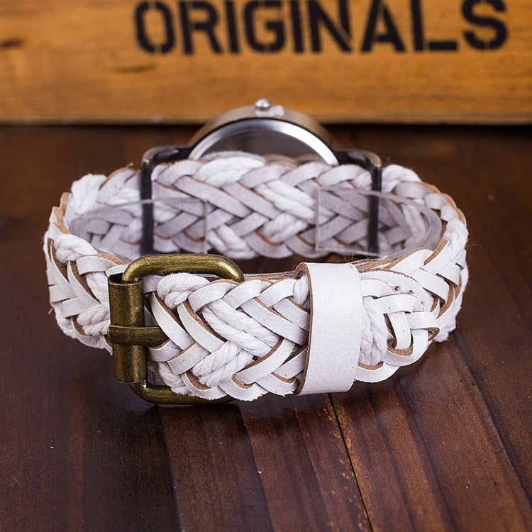 Retro Hollow Head Cowhide Woven Bracelet Watch for Women