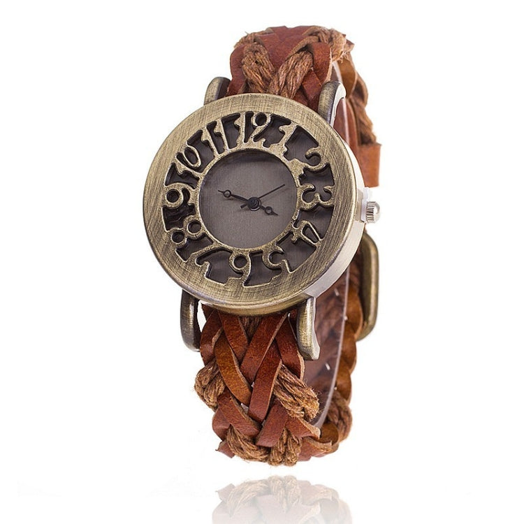 Retro Hollow Head Cowhide Woven Bracelet Watch for Women