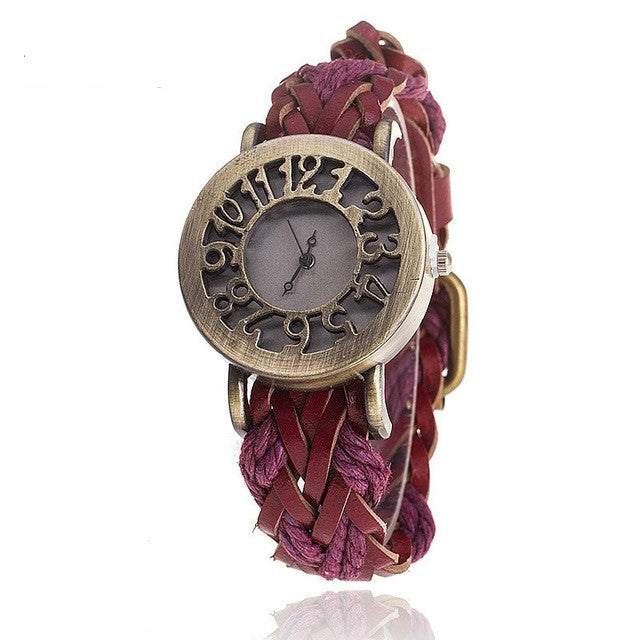 Retro Hollow Head Cowhide Woven Bracelet Watch for Women