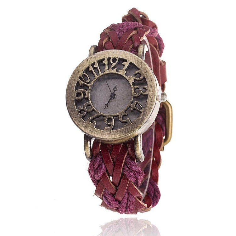 Retro Hollow Head Cowhide Woven Bracelet Watch for Women
