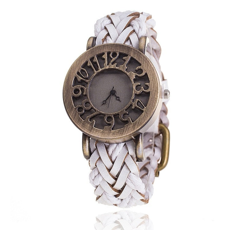 Retro Hollow Head Cowhide Woven Bracelet Watch for Women