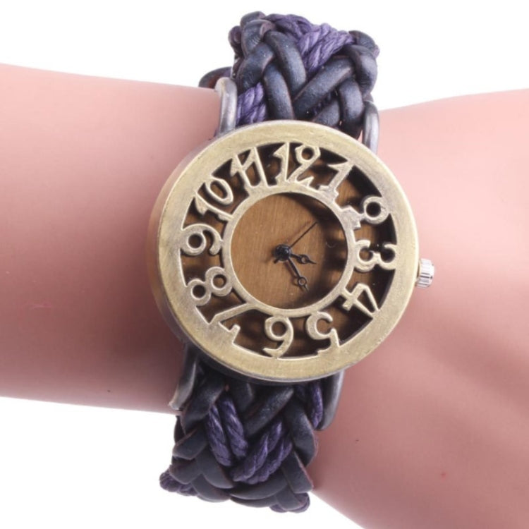 Retro Hollow Head Cowhide Woven Bracelet Watch for Women
