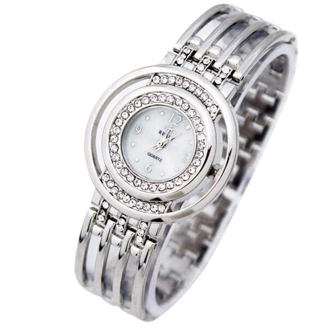 Women Round Dial Diamond Plated Alloy Hollow Bracelet Quartz Watch(Silver)