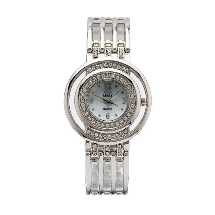 Women Round Dial Diamond Plated Alloy Hollow Bracelet Quartz Watch(Silver)