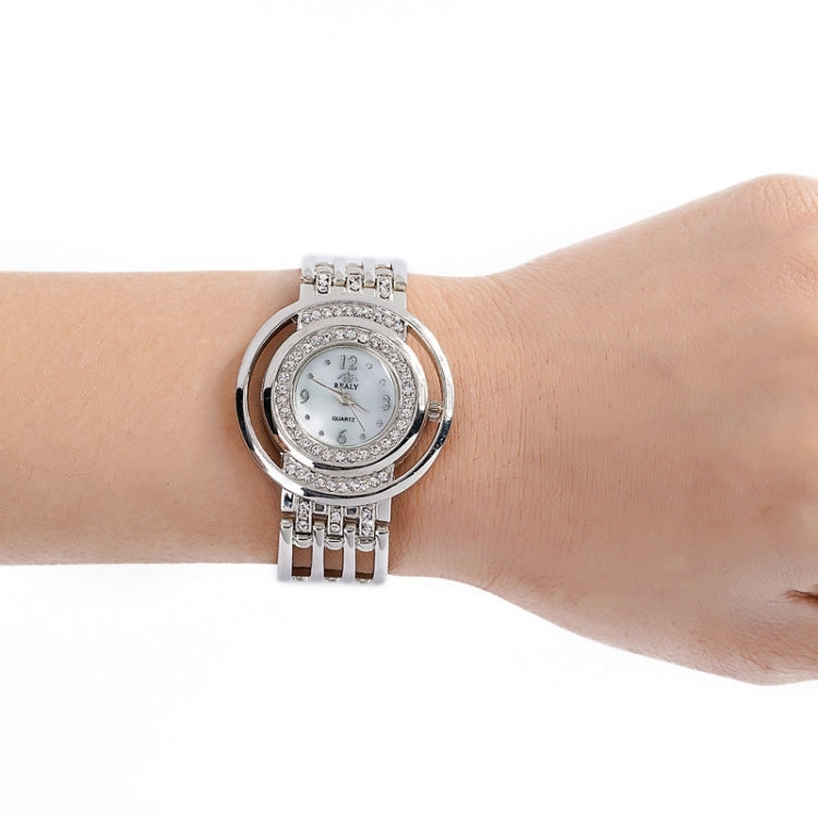 Women Round Dial Diamond Plated Alloy Hollow Bracelet Quartz Watch(Silver)