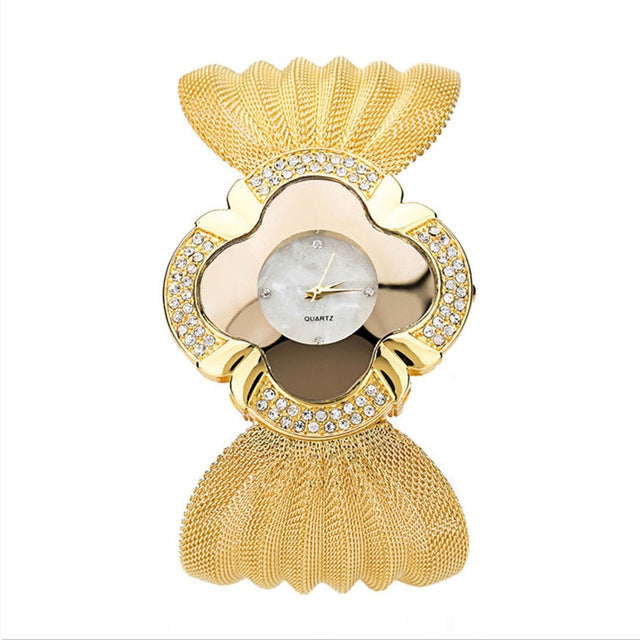 2 PCS Flower Shape Mirror Dial Diamond Grid Strap Quartz Watch for Women