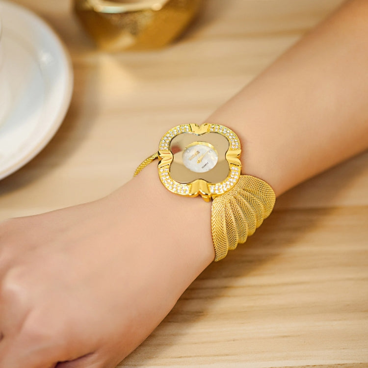 2 PCS Flower Shape Mirror Dial Diamond Grid Strap Quartz Watch for Women