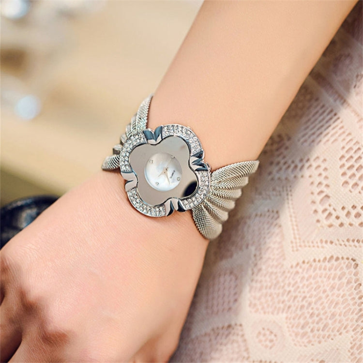 2 PCS Flower Shape Mirror Dial Diamond Grid Strap Quartz Watch for Women