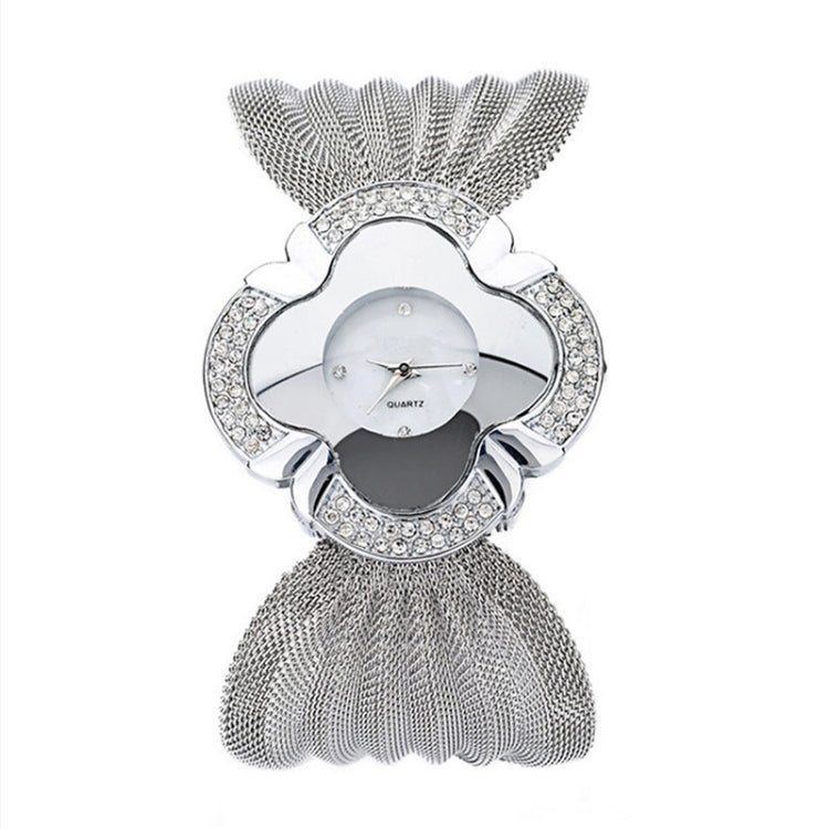 2 PCS Flower Shape Mirror Dial Diamond Grid Strap Quartz Watch for Women