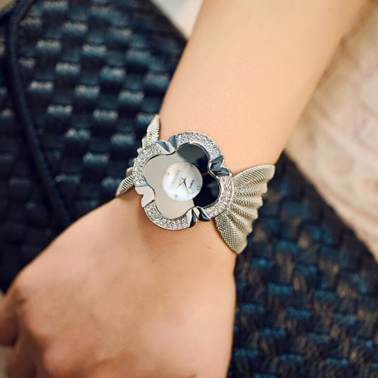 2 PCS Flower Shape Mirror Dial Diamond Grid Strap Quartz Watch for Women
