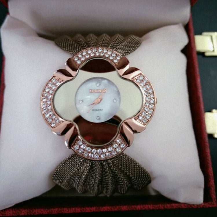2 PCS Flower Shape Mirror Dial Diamond Grid Strap Quartz Watch for Women