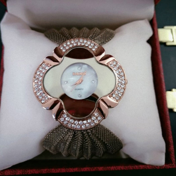 2 PCS Flower Shape Mirror Dial Diamond Grid Strap Quartz Watch for Women
