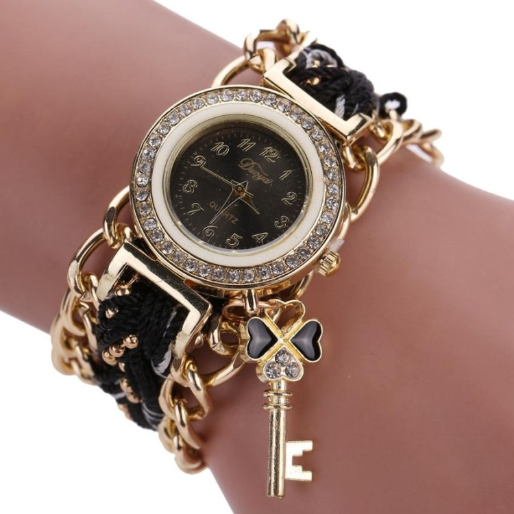 Women Round Dial Diamond Braided Hand Strap Quartz Watch with Key Pendant