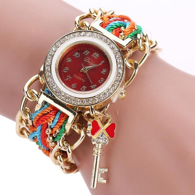 Women Round Dial Diamond Braided Hand Strap Quartz Watch with Key Pendant