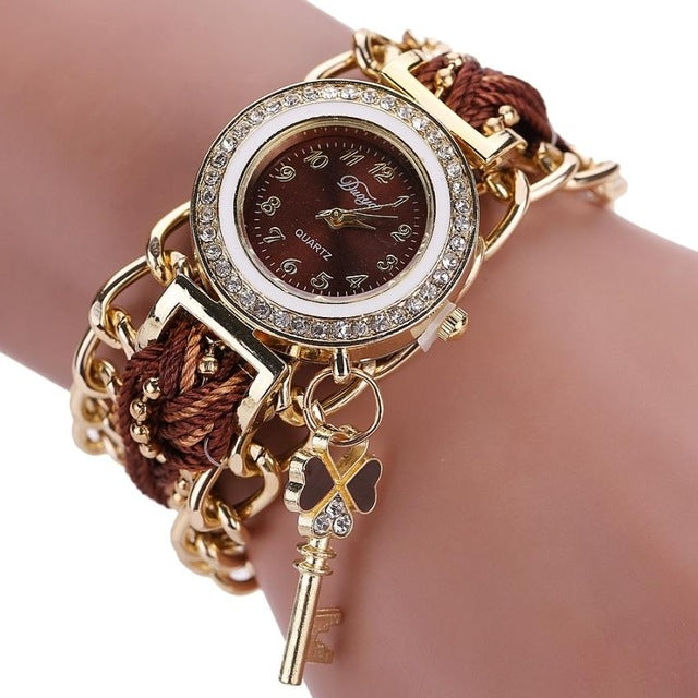 Women Round Dial Diamond Braided Hand Strap Quartz Watch with Key Pendant