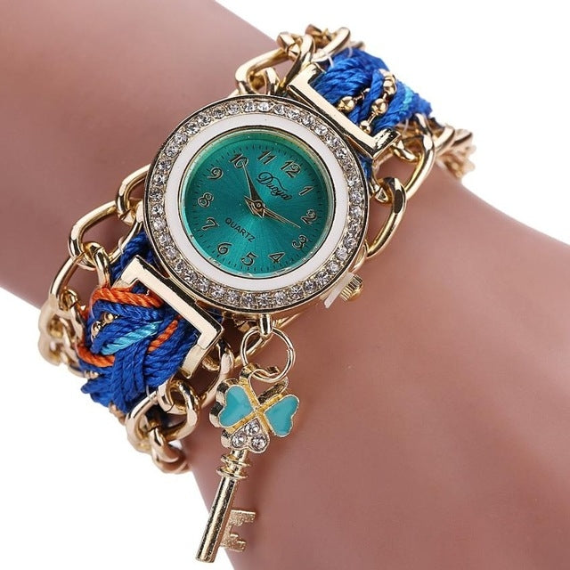 Women Round Dial Diamond Braided Hand Strap Quartz Watch with Key Pendant