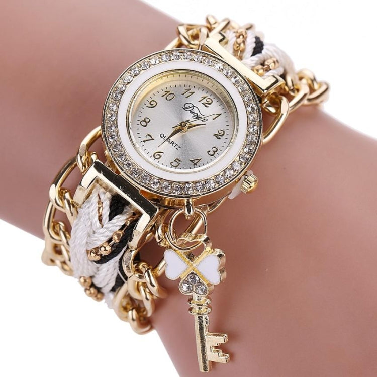 Women Round Dial Diamond Braided Hand Strap Quartz Watch with Key Pendant
