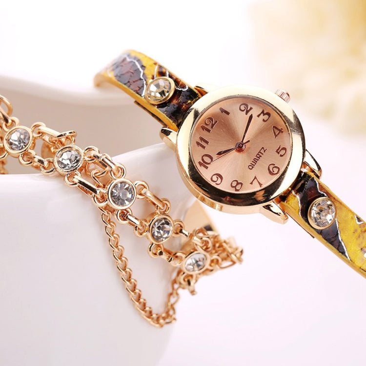 Women Round Dial Diamond Leather Belt Loop Bracelet Quartz Watch