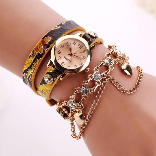 Women Round Dial Diamond Leather Belt Loop Bracelet Quartz Watch