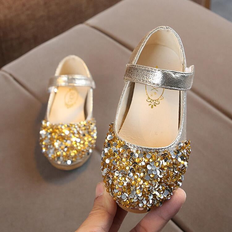 Children Leather Shoes Girls Princess Rhinestones Single Shoes Children Non-slip Dance Shoes, Size:22Yards(Gold)
