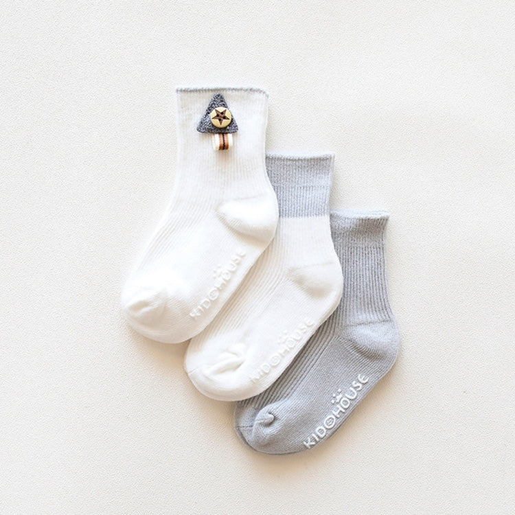 3 Pairs Cotton Non-Slip Double Needles Loose Mouth Plain Baby Socks, Size:S