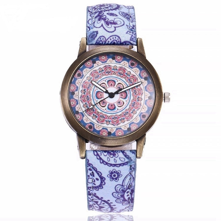 W0800 Retro Flower Pattern Leather Belt Quartz Watch